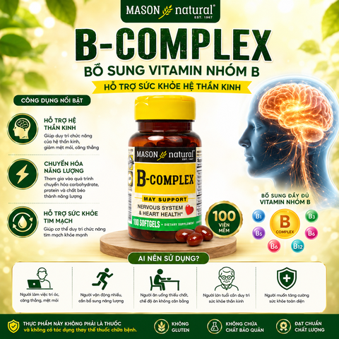 Mason Natural B-Complex 100 vên bổ sung vitamin nhóm B hỗ trợ sức khoẻ hệ thần kinh