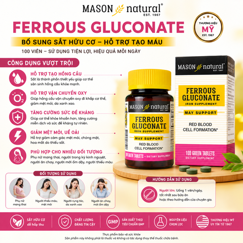 Mason Natural Ferrous Gluconate 100 viên – Sản phẩm bổ sung sắt hữu cơ