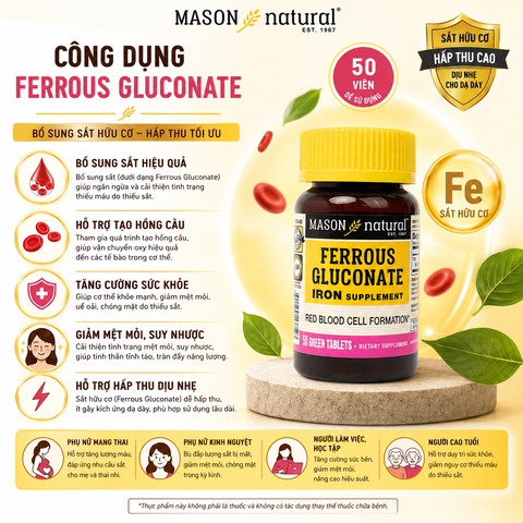 Mason Natural Ferrous Gluconate 50 viên – Sản phẩm bổ sung sắt hữu cơ
