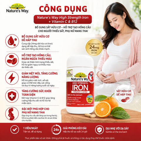 Nature’s Way high strength Iron + vitamin C và B12 – Bổ sung sắt hữu cơ cho người thiếu sắt, bổ sung sắt cho bà bầu
