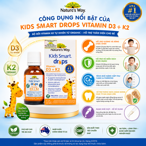 Nature's Way Kids Smart Drops Vitamin D3 + K2 - Vitamin D3K2 Organic 11ml Chuẩn Úc