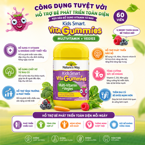 Kẹo dẻo bổ sung vitamin từ rau Nature's Way Vita Gummies Multivitamin+Vegies cho bé 60 viên bổ sung chất xơ cho bé phát triển toàn diện