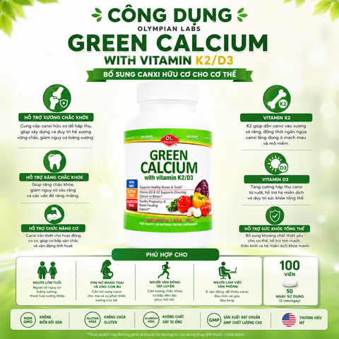 Bổ sung canxi hữu cơ cho cơ thể Olympian Labs Green Calcium with Vitamin K2/D3 hộp 100 viên