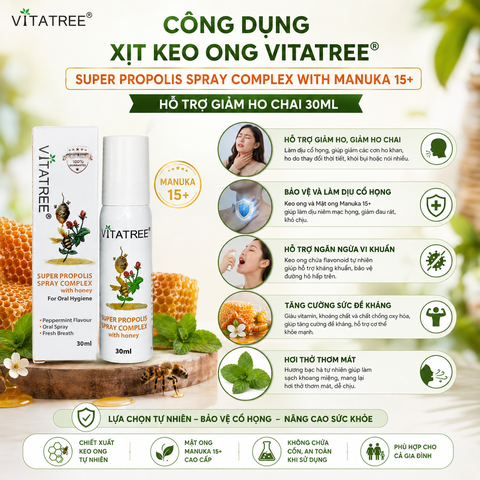 Xịt keo ong Vitatree Super Propolis Spray Complex With Manuka 15+ hỗ trợ giảm ho chai 30ml