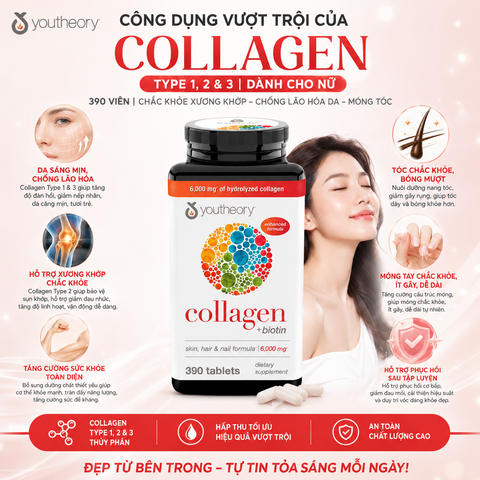 Collagen youtheory type 1 2 & 3 dành cho nữ 390 viên chắc khỏe xương khớp chống lão hóa da móng tóc