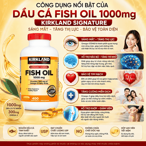 Dầu cá Fish Oil 1000mg Kirkland Signature sáng mắt, tăng thị lực hộp 400 viên