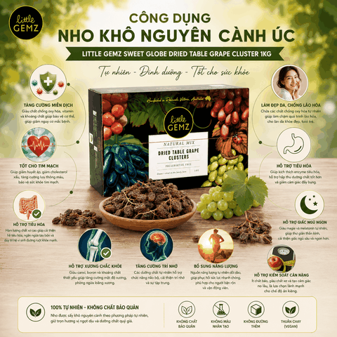 Nho khô nguyên cành Úc Little Gemz Sweet Globe Dried Table Grape Cluster 1kg