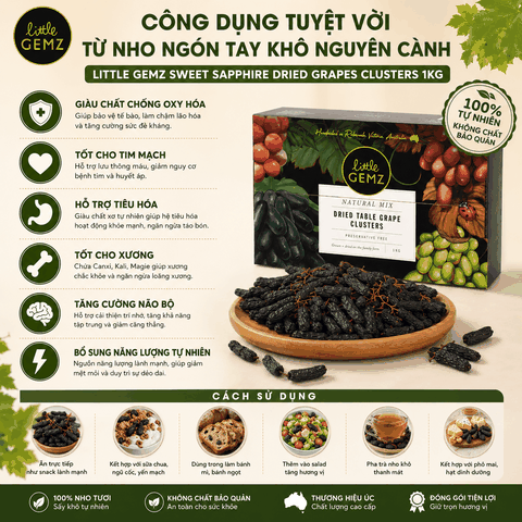 Nho Ngón Tay khô nguyên cành Little Gemz Sweet Sapphire Dried Grapes Clusters 1kg