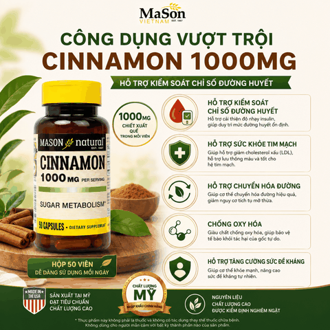 Mason Natural Cinamon 1000mg hộp 50 viên Hỗ trợ kiểm soát chỉ số đường huyết (50 viên)
