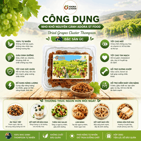 Hộp 300g Nho khô nguyên cành Adora st Food Dried Grapes Cluster Thompson đặc sản Úc
