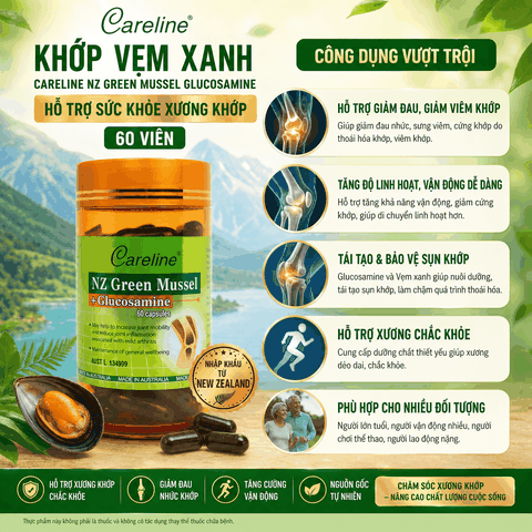 Khớp vẹm xanh - Careline Nz Green Mussel Glucosamine - Hỗ trợ sức khỏe xương khớp 60 viên