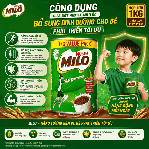 Sữa bột Nestle Milo Úc bổ sung dinh dưỡng cho bé phát triển tối ưu hộp 1kg