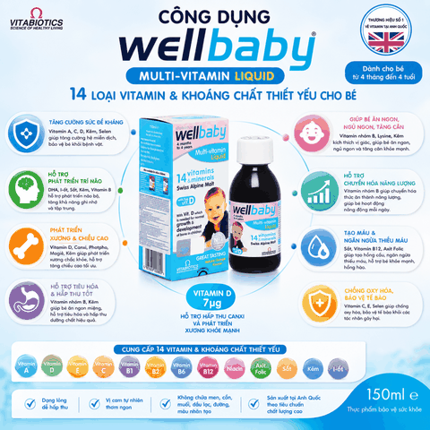 Vitabiotics Wellbaby Multi-Vitamin Liquid Chai 150ml 14 loại vitamin và khoáng chất thiết yếu cho bé 150ml