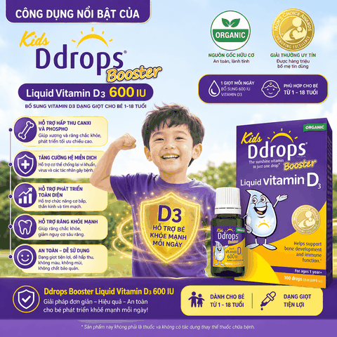 Kids Ddrops Booster Liquid Vitamin D3 600 IU bổ sung vitamin d3 dạng giọt cho bé 1-18 tuổi
