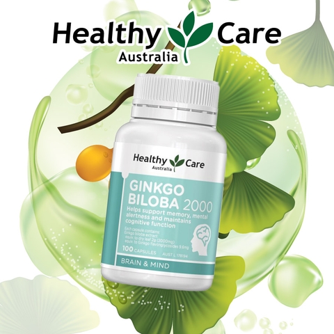 Bổ não ginkgo bibola 2000mg Healthy Care hỗ trợ tuần hoàn máu não hộp 100 viên