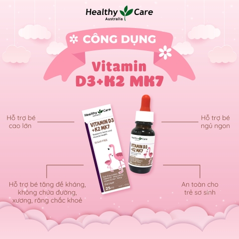 Siro hỗ trợ tăng chiều cao Vitamin D3 K2 MK7 Healthy Care cho trẻ sơ sinh 25ml