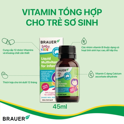 Brauer liquid multivitamin for infans 45ml cho trẻ sơ sinh 0-12 tháng tuổi