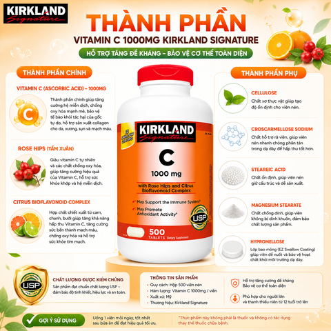 Vitamin C 1000mg Kirkland Signature hỗ trợ tăng đề kháng hộp 500 viên