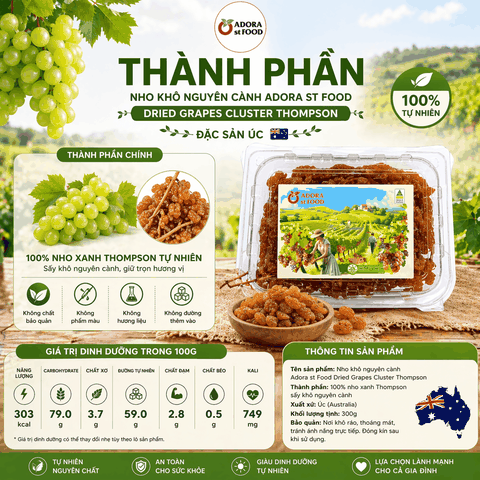 Hộp 300g Nho khô nguyên cành Adora st Food Dried Grapes Cluster Thompson đặc sản Úc