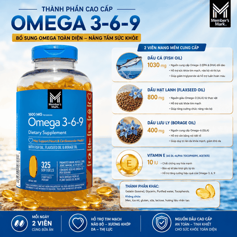 Viên uống bổ sung dầu cá Omega 3 6 9 Member’s Mark Supports Heart Health 325 viên