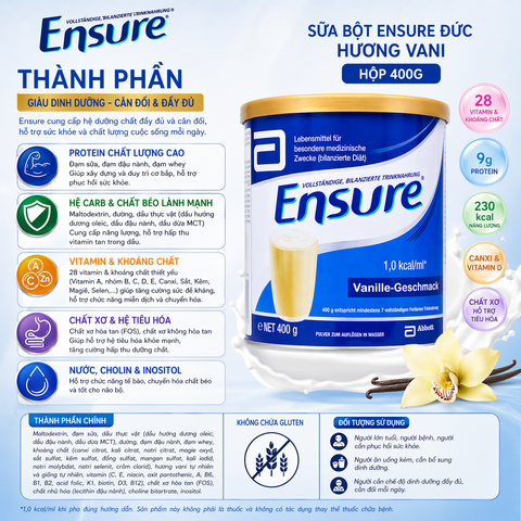Sữa bột Ensure Đức hương vani giàu dinh dưỡng hộp 400g
