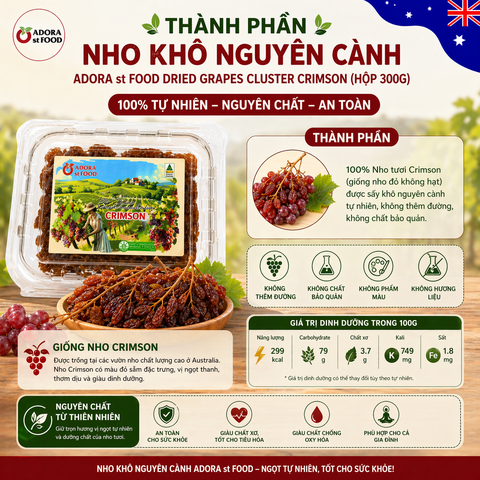 Hộp 300g Nho khô nguyên cành Adora st Food Dried Grapes Cluster Crimson