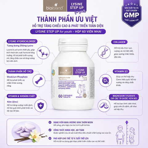 Viên nhai bioisland lysine tăng chiều cao cho trẻ từ 6 tuổi trở lên hộp 60 viên
