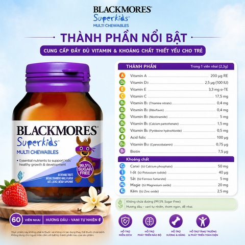 Vitamin tổng hợp Blackmores Superkids Multi Chewables hộp 60 viên bổ sung khoáng chất cho trẻ