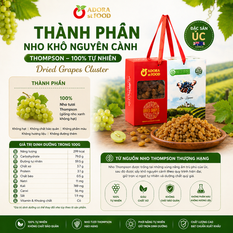 Nho khô nguyên cành Adora st Food Dried Grapes Cluster Thompson  1kg đặc sản Úc