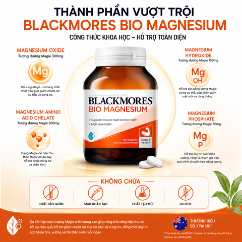 Blackmores bio magnesium giảm chuột rút của cơ bắp và cứng cơ, duy trì sức khỏe tim, xương và hệ thần kinh