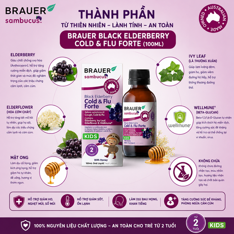 Siro giảm các triệu chứng cảm cúm, cảm lạnh Brauer Black Elederberry cold and flu forte (100ML)