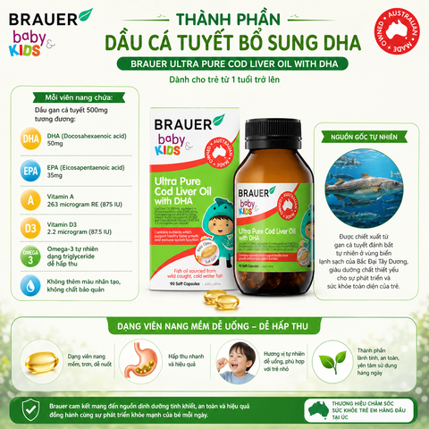 Dầu cá Tuyết bổ sung DHA Brauer Ultra Pure Cod Liver Oil dầu cá cho trẻ từ 1 tuổi dạng 90 viên nang