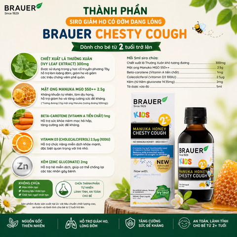 Siro giảm ho có đờm dạng lỏng Brauer Chesty Cough cho bé từ 2 tuổi trở lên 100ml