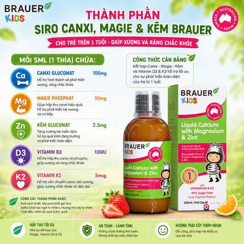 Siro canxi, magie và kẽm brauer cho trẻ trên 1 tuổi giúp xương và răng chắc khỏe chai 200ml