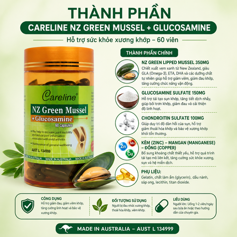 Khớp vẹm xanh - Careline Nz Green Mussel Glucosamine - Hỗ trợ sức khỏe xương khớp 60 viên
