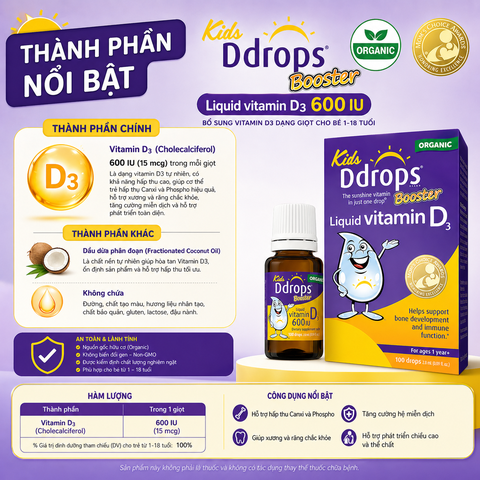 Kids Ddrops Booster Liquid Vitamin D3 600 IU bổ sung vitamin d3 dạng giọt cho bé 1-18 tuổi