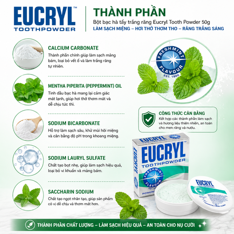 Bột bạc hà tẩy trắng răng Eucryl Tooth powder 50g làm sạch miệng, hơi thở thơm tho và răng trắng sáng hộp 50g