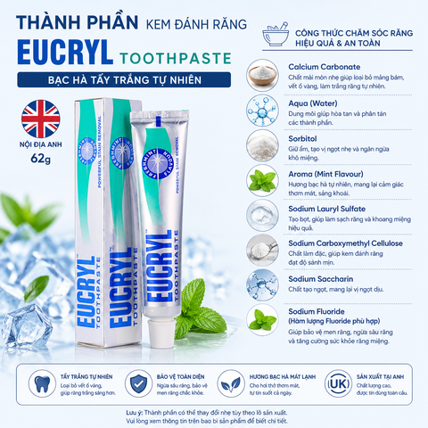 Kem đánh răng bạc hà tẩy trắng tự nhiên Eucryl Toothpaste 62g - nội địa Anh