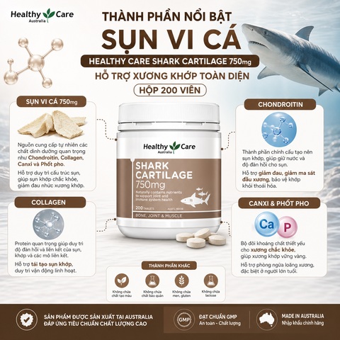 Sụn vi cá Healthy Care shark cartilage 750mg hỗ trợ xương khớp hộp 200 viên