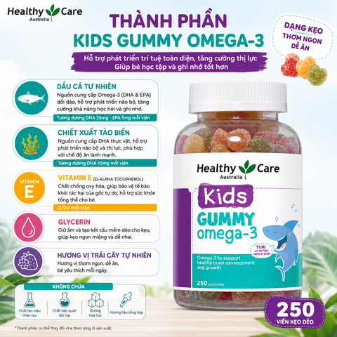 Omega 3 cho bé Healthy Care Kids Gummy Hỗ trợ phát triển trí tuệ toàn diện, tăng cường thị lực, Giúp bé học tập và ghi nhớ tốt hơn (dạng kẹo) 250 viên