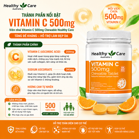 Viên nhai Vitamin C 500mg Chewable Healthy Care hỗ trợ làm đẹp da, tăng đề kháng 500 viên