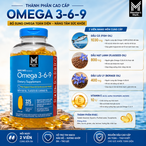 Viên uống bổ sung dầu cá Omega 3 6 9 Member’s Mark Supports Heart Health 325 viên