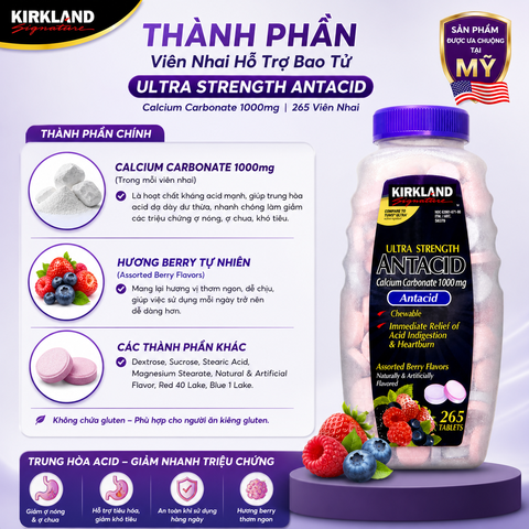Viên nhai hỗ trợ bao tử ultra strengthe antacid calcium carbonate kirkland signature 1000mg 265 viên