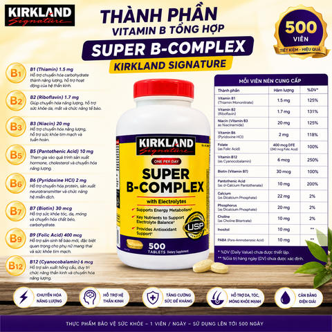 Vitamin B tổng hợp Super B-Complex Kirkland Signature hộp 500 viên