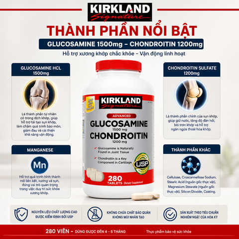 Glucosamine 1500mg Chondroitin 1200mg Kirkland Signature hộp 280 viên