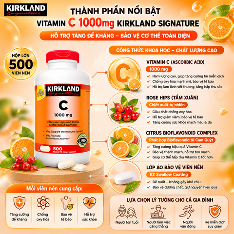 Vitamin C 1000mg Kirkland Signature hỗ trợ tăng đề kháng hộp 500 viên