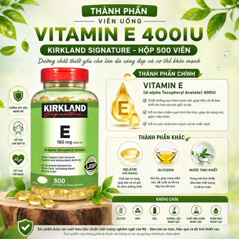 Viên uống vitamin E 400IU Kirkland Signature trắng sáng da, ngừa lão hóa hộp 500 viên