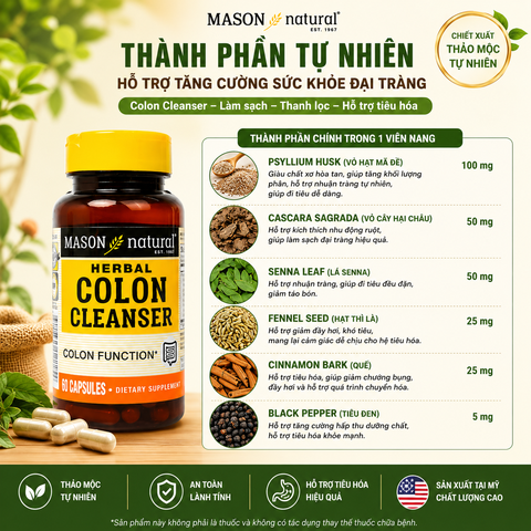 Mason Natural Colon Cleanser hộp 60 viên Hỗ trợ tăng cường sức khỏe đại tràng 60 viên
