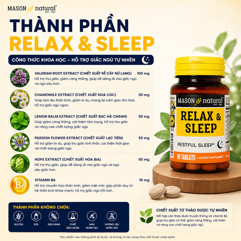 Viên uống Mason Natural Relax & Sleep Hỗ trợ cải thiện và nâng cao chất lượng giấc ngủ 90 viên