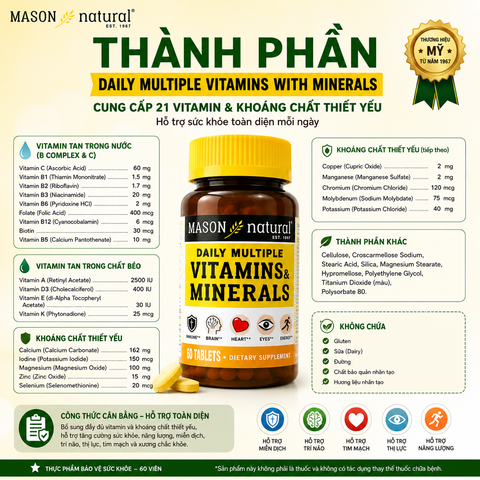 Viên vitamin và khoáng tổng hợp Mason Natural Daily Multiple Vitamins With Minerals 60 viên